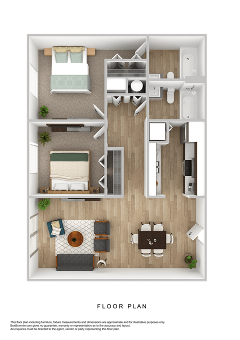 Floor plan for 2 beds, 2 baths, 964 sqft